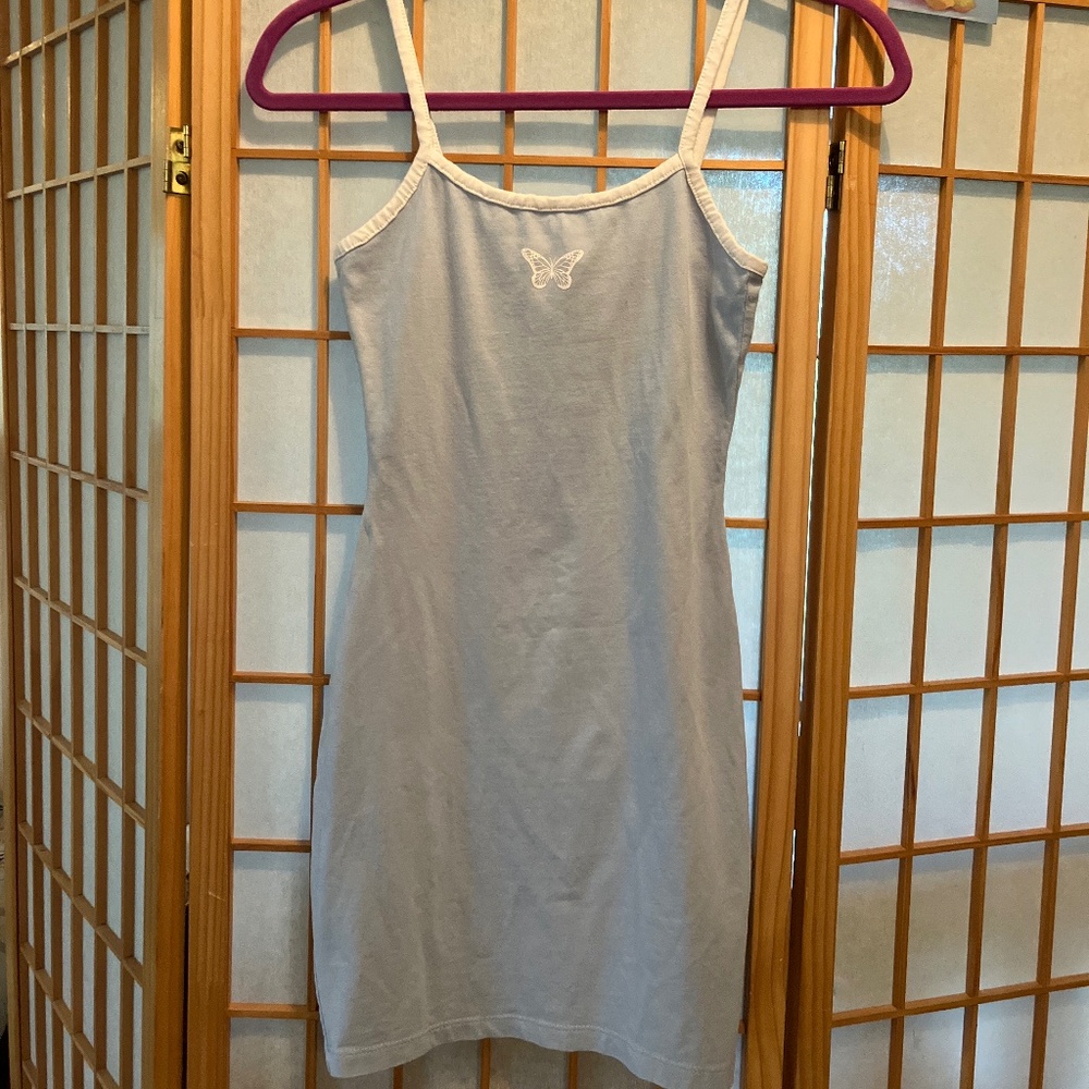 H&M XS Baby Blue Tank Dress W White Butterfly Graphic, Straps & Contrast Stitch